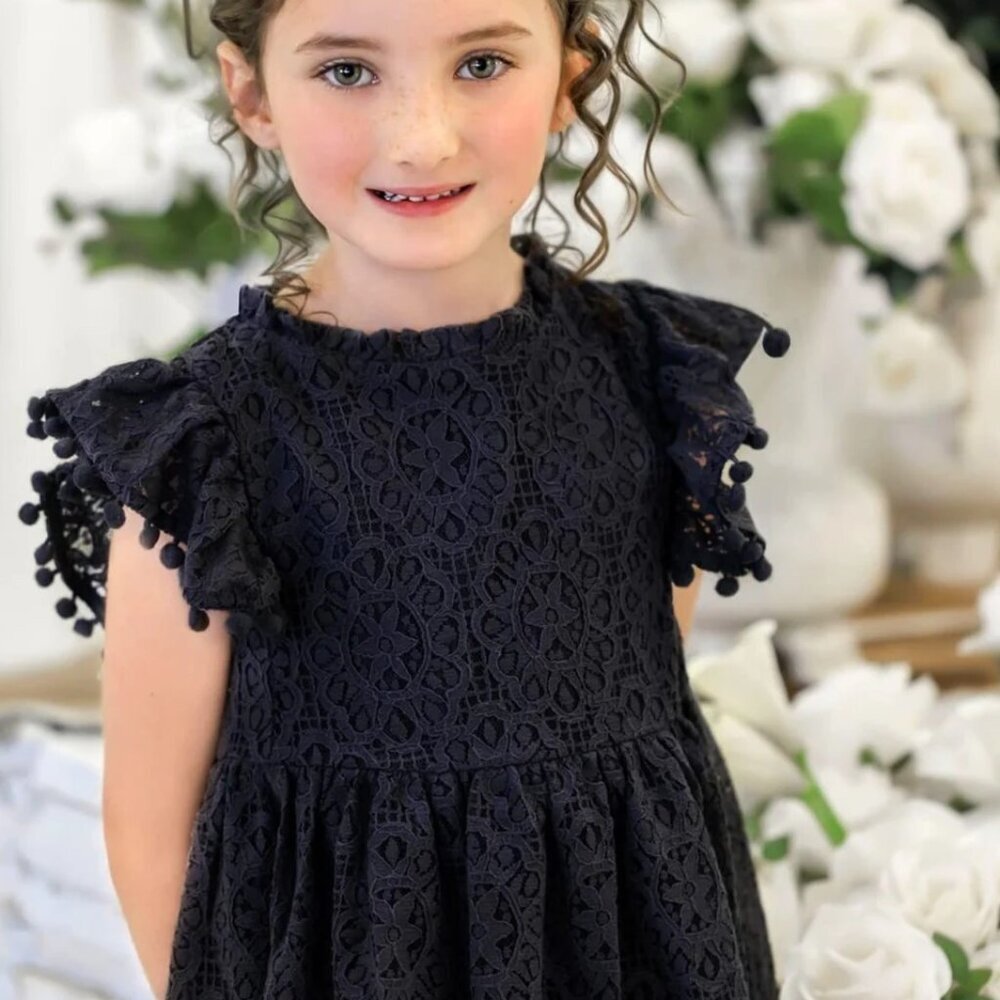 NEW Two Bunnies Elegant Lace Pom Pom Flutter Sleeve Party Princess Dress Black